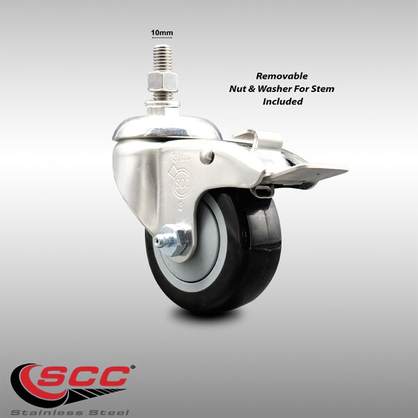 Service Caster 3 Inch 316SS Black Polyurethane Swivel 10mm Stem Caster Total Lock Brake SCC SCC-SS316TSTTL20S314-PPUB-BLK-M1015 - main